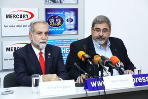 ALC Chairman Ken Haghikian and ALC Board Member Giro Manoyan announce the launch of the Armenian Legal Center for Justice and Human Rights at a press conference in Yerevan